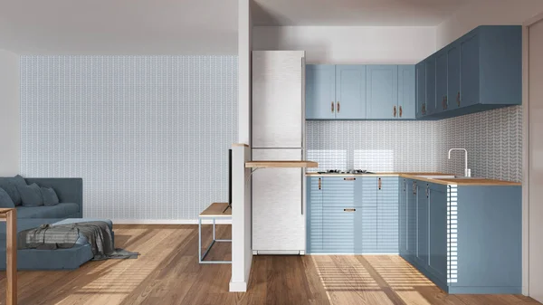 Cozinha Escandinava Moderna Sala Estar Tons Brancos Azuis Parede Divisória — Fotografia de Stock