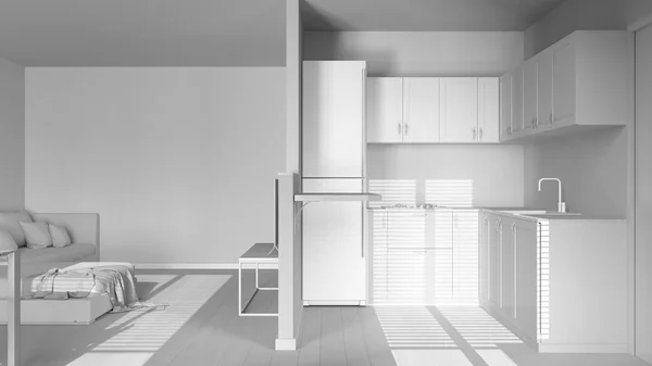 Projecto Total Branco Cozinha Moderna Escandinava Sala Estar Parede Divisória — Fotografia de Stock