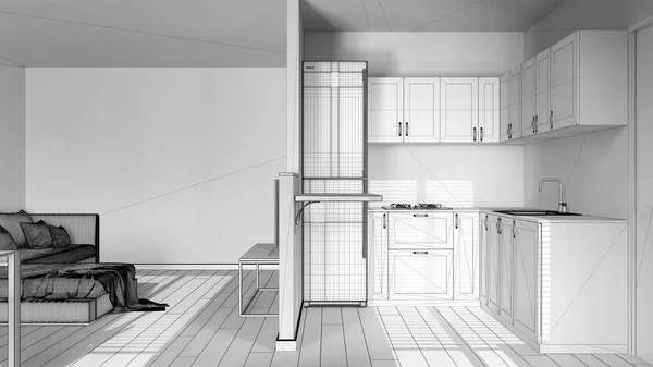 Схема Незавершенного Проекта Современная Скандинавская Кухня Гостиная Перегородка Над Шкафами — стоковое фото