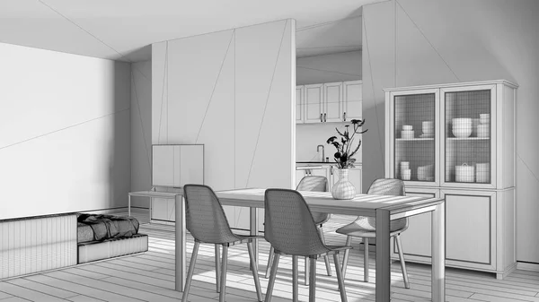 Nedokončený Návrh Projektu Skandinávská Dřevěná Jídelna Obývací Pokoj Stůl Židlemi — Stock fotografie