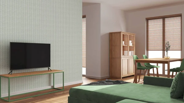 日本人的客厅和饭厅都是白色和绿色的 天鹅绒沙发 木制桌椅 墙纸隔墙 最低室内设计 — 图库照片