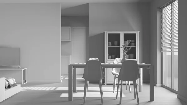 総白のプロジェクトの草案は 最小限のダイニングとリビングルーム 椅子と木製のテーブル 現代的なキッチンの上にパーティション壁 日本モダンなインテリアデザイン — ストック写真