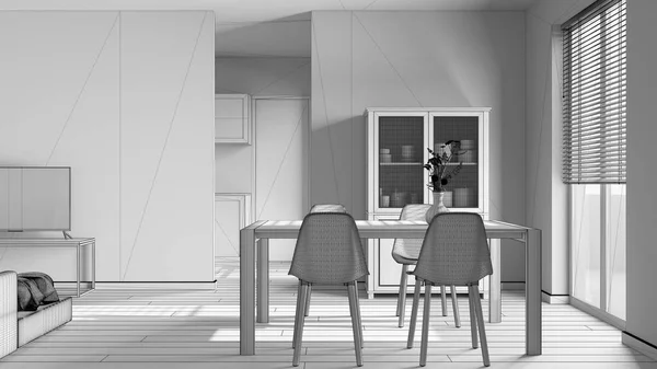 未完成の青写真プロジェクトの草案は 最小限のダイニングとリビングルーム 椅子と木製のテーブル 現代的なキッチンの上にパーティション壁 日本モダンなインテリアデザイン — ストック写真