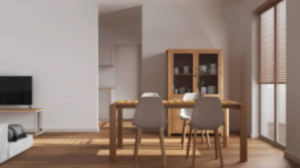 背景がぼやけて 最小限のダイニングとリビングルーム 椅子と木製のテーブル 現代的なキッチンの上にパーティション壁 日本モダンなインテリアデザイン — ストック写真
