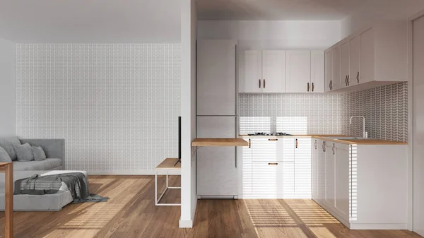 Moderní Dřevěná Minimální Kuchyň Obývací Pokoj Bílých Tónech Přepážková Stěna — Stock fotografie