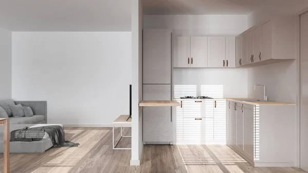 现代漂白的木制厨房和客厅 色调洁白 橱柜和家用电器上的分隔墙 客厅和宴会厅楼层 日本室内设计 — 图库照片