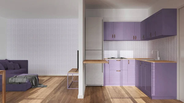 Modern Wooden Minimal Kitchen Living Room White Purple Tones Partition — Stock Photo, Image