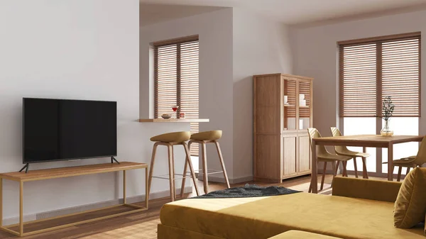 Minimal Wooden Living Dining Room White Yellow Tones Sofa Japandi — Stock Photo, Image