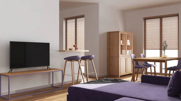 Minimal Wooden Living Dining Room White Purple Tones Sofa Japandi — Stock Photo, Image
