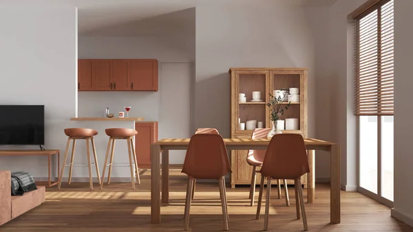 Minimalistisches Ess Und Wohnzimmer Aus Holz Weißen Und Orangen Tönen — Stockfoto