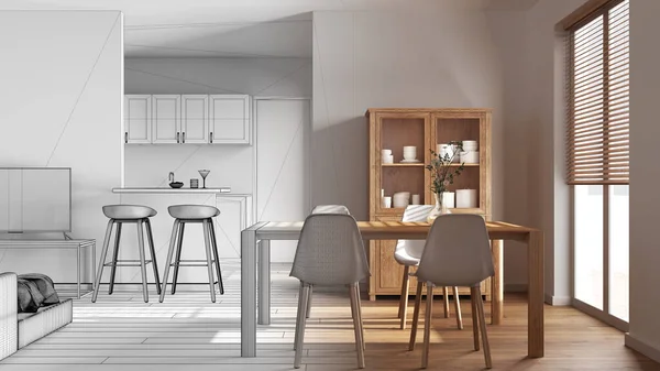 인테리어 디자이너 나무로 최소한의 식사와 거실이 완성되지 수작업 프로젝트 부엌에 — 스톡 사진