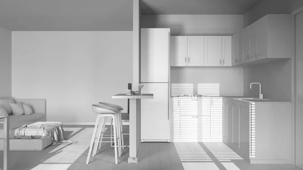 Tamamen Beyaz Proje Taslağı Modern Ahşap Mutfak Oturma Odası Dolapların — Stok fotoğraf
