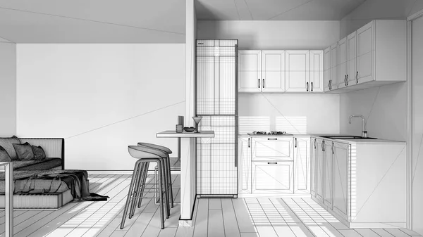 Nedokončený Návrh Projektu Moderní Dřevěná Kuchyň Obývací Pokoj Přepážky Přes — Stock fotografie