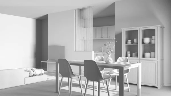 総白のプロジェクトの草案は Japandiは木製のダイニングとリビングルームを漂白した 椅子付きのテーブル スキャンディナヴィアのキッチンの上のパーティション壁 キャビネットや装飾品 ミニマルなインテリアデザイン — ストック写真