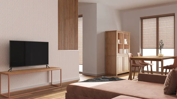 白とオレンジの色調で最小限の木製のダイニングとリビングルーム ベルベットのソファ パーティションの壁 テレビスタンド キャビネットとテーブル 北欧インテリアデザイン — ストック写真