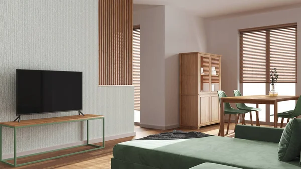 Minimal Wooden Dining Living Room White Green Tones Velvet Sofa — Stock Photo, Image