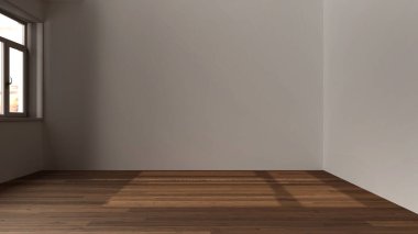 Karanlık akşam sahnesi, boş oda iç tasarımı, parke zemini ve panoramik pencereli açık alan, modern japandi mimari fikri