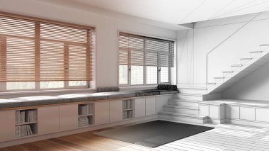 Mimar iç mimar konsepti: elle çizilmiş tamamlanmamış proje gerçek, ahşap koridor salonu haline geliyor. Benç, merdiven ve pencereler. İskandinav tarzı