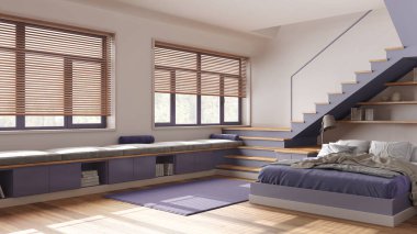 Minimum ahşap yatak odası, beyaz ve mor tonlarda. Yorgan, yastık, raf, merdiven ve panoramik pencereli yatak. Parke, Japon iç tasarımı.