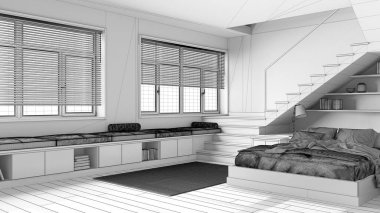 Tamamlanmamış proje taslağı, minimum ahşap yatak odası. Yorgan, yastık, raf, merdiven ve panoramik pencereli yatak. Parke, Japon iç tasarımı.