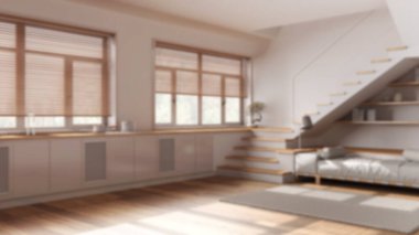 Arka planda bulanıklık, en az ahşap mutfak ve oturma odası. Dolaplar, kanepe, minimal merdiven ve panoramik pencereler. Parke, Japon iç tasarımı.