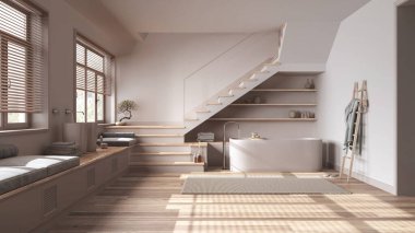 Beyazlar ve bej tonlarda beyazlatılmış ahşap banyo. Küvet, lavabo, raflar, asgari merdiven ve panoramik pencereler. Parke, İskandinav iç tasarımı