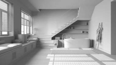 Tamamen beyaz proje taslağı, ahşap banyo. Küvet, lavabo, raflar, asgari merdiven ve panoramik pencereler. Parke, İskandinav iç tasarımı