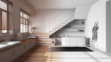 Mimar iç mimar konsepti: elle çizilmiş tamamlanmamış proje gerçek oluyor, banyo. Küvet ve lavabo, raflar, merdiven ve pencereler. İskandinav tarzı