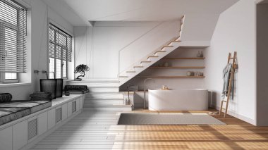 Mimar iç mimar konsepti: elle çizilmiş tamamlanmamış proje gerçek oluyor, banyo. Küvet ve lavabo, raflar, merdiven ve pencereler. İskandinav tarzı