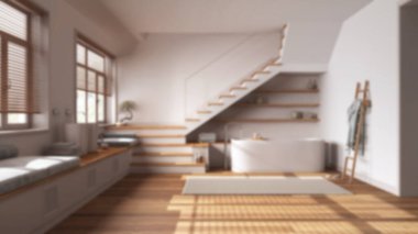 Bulanık arka plan, ahşap banyo. Küvet, lavabo, raflar, asgari merdiven ve panoramik pencereler. Parke, İskandinav iç tasarımı