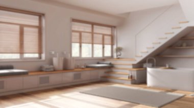 Bulanık arka plan, en az ahşap banyo. Küvet, lavabo, raflar, asgari merdiven ve panoramik pencereler. Parke, Japon iç tasarımı.