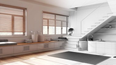 Mimar iç mimar konsepti: elle çizilmiş tamamlanmamış proje gerçek, minimal tuvalet haline geliyor. Küvet ve lavabo, raflar, merdiven ve pencereler. Japon stili.