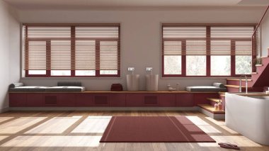 Minimum ahşap banyo, beyaz ve kırmızı tonlarda. Küvet, lavabo, halı, asgari merdiven ve panoramik pencereler. Parke, Japon iç tasarımı.