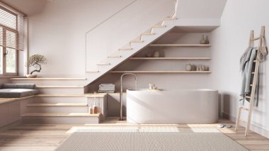Beyazlar ve bej tonlarda beyazlatılmış ahşap banyo. Küvet, halı, asgari merdiven ve panoramik pencere. Parke, İskandinav iç tasarımı