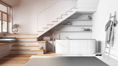 Mimar iç mimar konsepti: elle çizilmiş tamamlanmamış proje gerçek, ahşap banyo haline geliyor. Küvet, halı, merdiven ve pencere. Parke, İskandinav tarzı