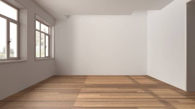 Ahşap boş oda iç tasarımı, parke zeminli açık alan, panoramik pencereler, beyaz duvarlar, modern mimari konsepti