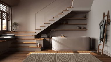 Karanlık gece sahnesi, ahşap banyo. Küvet, halı, asgari merdiven ve panoramik pencere. Parke, İskandinav iç tasarımı