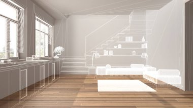 Parke zeminli boş beyaz iç döşeme, özel mimari tasarım projesi, beyaz mürekkep çizimi, minimal mutfak ve oturma odasını gösteren plan, japandi iç tasarım