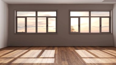 Karanlık akşam sahnesi, boş oda iç tasarımı, parke zemini ve panoramik pencereli açık alan, modern japandi mimari fikri