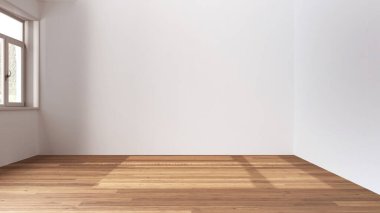 Ahşap boş oda iç tasarımı, parke zeminli açık alan, panoramik pencere, beyaz duvarlar, modern mimari konsepti fikri
