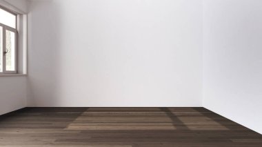 Koyu ahşap iç mimari tasarım, parke zeminli açık alan, panoramik pencere, beyaz duvarlar, modern mimari kavramı