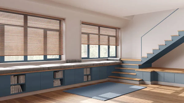 Wohnzimmer Mit Holzflur Weiß Und Blautönen Bank Mit Schränken Und — Stockfoto
