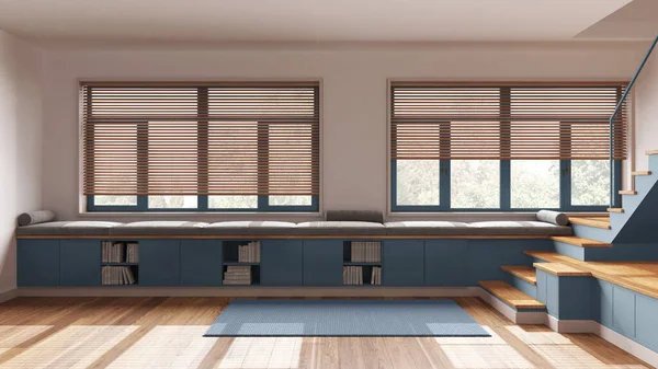 Minimalistisches Wohnzimmer Aus Holz Weiß Und Blautönen Foyer Bank Mit — Stockfoto