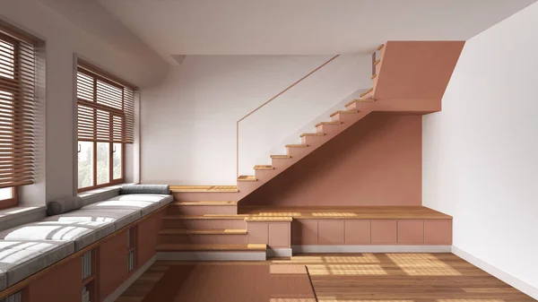Modernes Skandinavisches Holzfoyer Wohnzimmer Weiß Und Orangetönen Bank Mit Schränken — Stockfoto