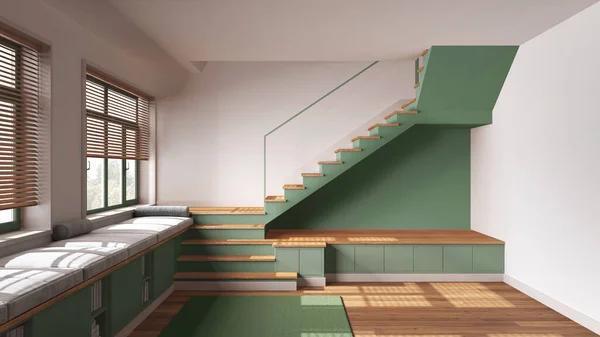Modernes Skandinavisches Holzfoyer Wohnzimmer Weiß Und Grüntönen Bank Mit Schränken — Stockfoto