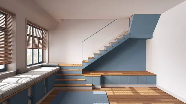 Modernes Skandinavisches Holzfoyer Wohnzimmer Weiß Und Blautönen Bank Mit Schränken — Stockfoto