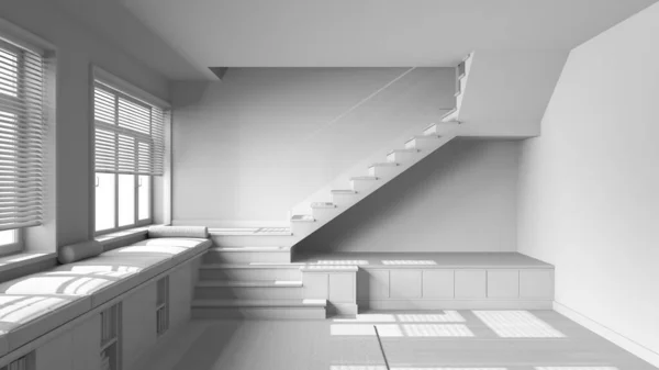Proyek Draf Putih Total Foyer Kayu Skandinavia Modern Ruang Tamu — Stok Foto