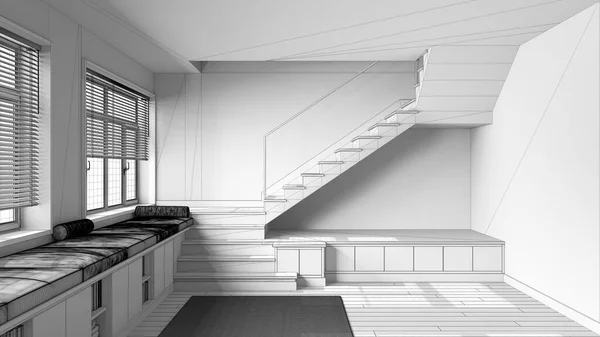 Nedokončený Návrh Projektu Moderní Skandinávský Dřevěný Foyer Obývací Pokoj Lavice — Stock fotografie