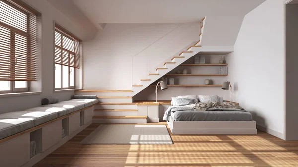 Holzschlafzimmer Weißen Und Beigen Tönen Bett Mit Bettdecke Und Kissen — Stockfoto