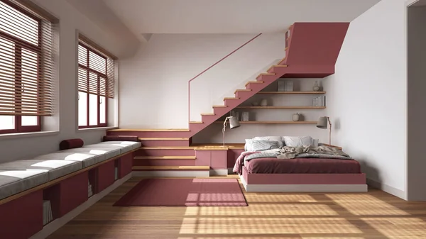 白と赤のトーンで木製の寝室 ベッドには 羽毛布団や枕 最小限の階段やパノラマの窓 パケット スカンジナビアのインテリアデザイン — ストック写真